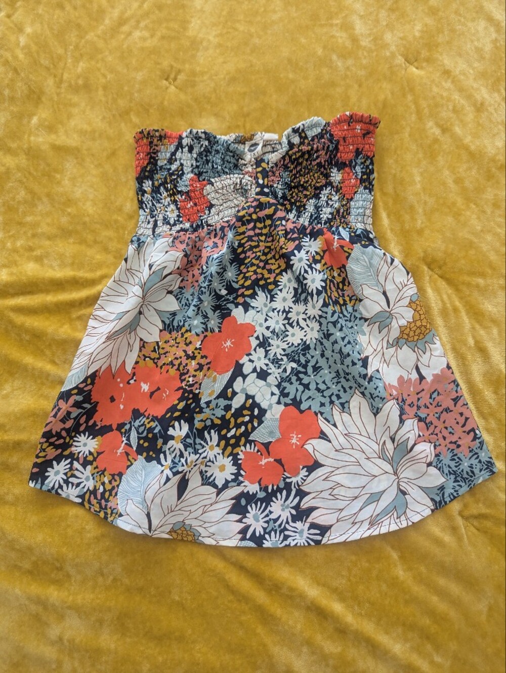 Roxy Swim Blouse Floral Smocked Strapless Top - Coral, Navy & White Small S